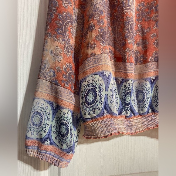 Lucky Brand Boho Tassel Tie Lightweight Coastal Paisley Sheer Blouse Size Medium - Picture 4 of 10